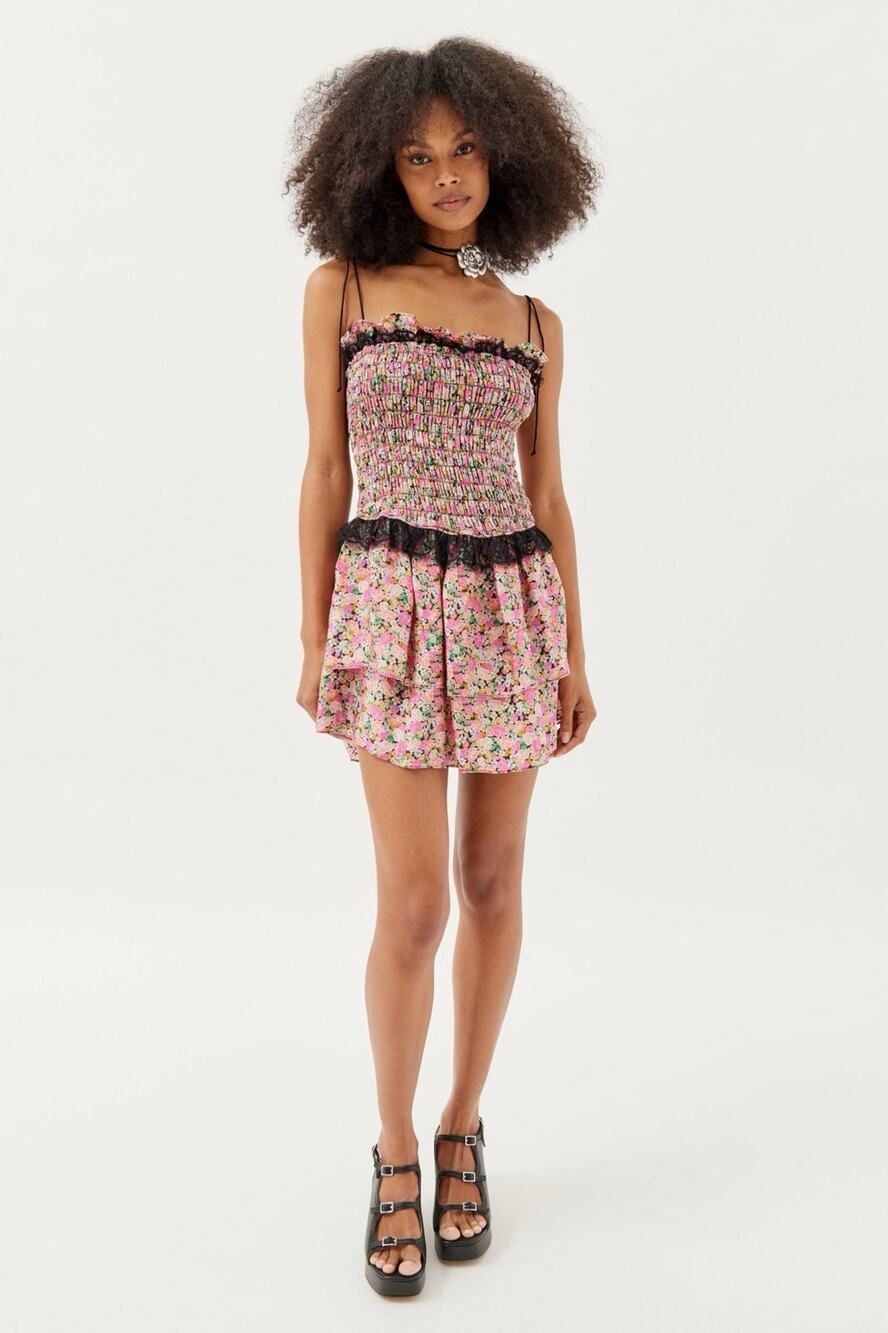 For Love & Lemons Juanita Multi Smocked Floral Sleeveless Mini Fit Flare Dress S